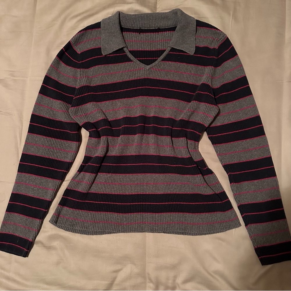 Grey, black, and red striped collared sweater
